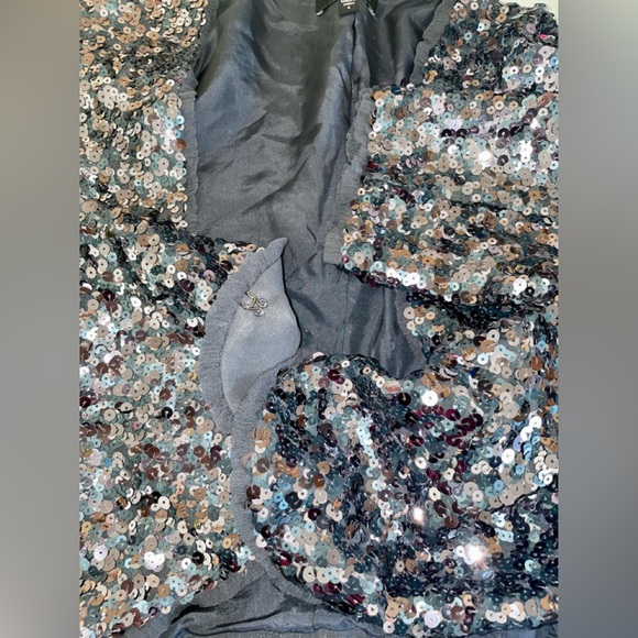 BEBE SEQUIN BLUE LINED CROPPED CARDIGAN/SHAWL SZ 4 TRIM DETAIL OPEN FRONT SILK - Picture 8 of 14